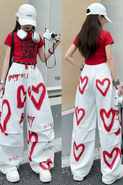 Pantalon Parachute Blanc Cœurs Rouges Graffiti Ample - Toile