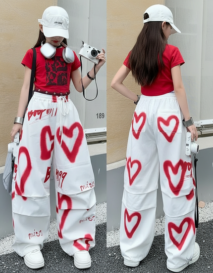 Pantalon Parachute Blanc Cœurs Rouges Graffiti Ample - Toile