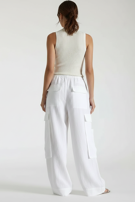 Pantalon Parachute Blanc Ample Cargo Lin Femme - vue 2