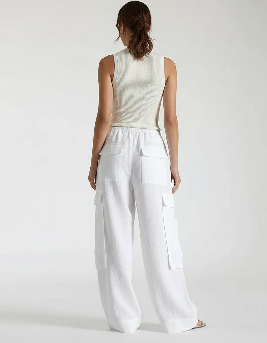 Pantalon Parachute Blanc Ample Cargo Lin Femme - vue 2