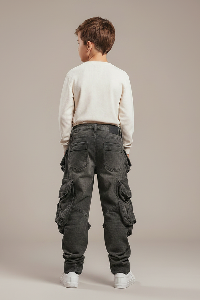 Pantalon Parachute Gris Cargo Ample Multi-poches Enfant - Jean - vue 2