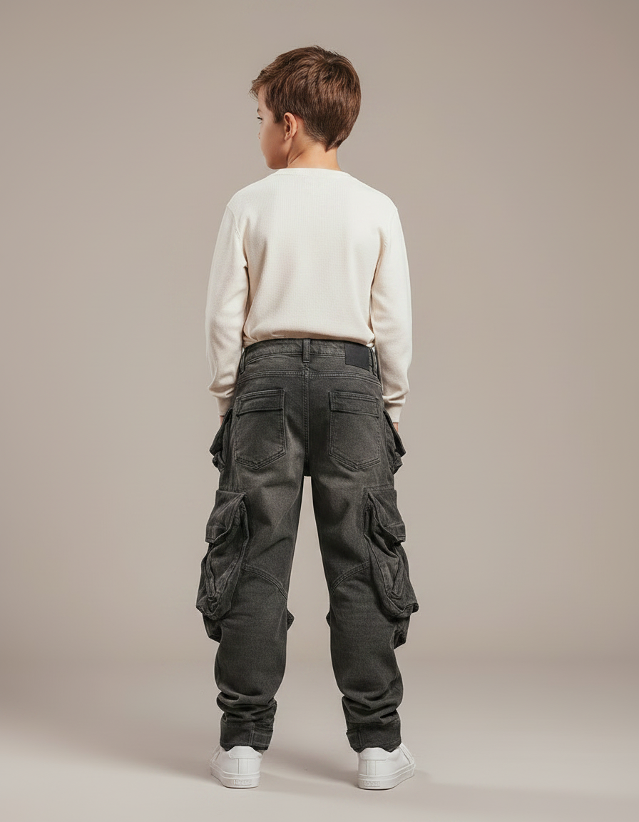 Pantalon Parachute Gris Cargo Ample Multi-poches Enfant - Jean - vue 2