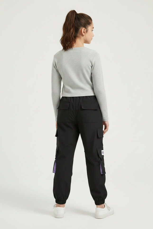 Pantalon Parachute Noir Violet Cargo Ample Décontracté - Polyester - vue 2