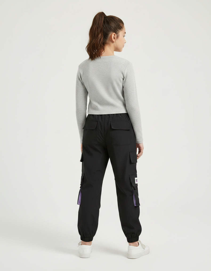 Pantalon Parachute Noir Violet Cargo Ample Décontracté - Polyester - vue 2
