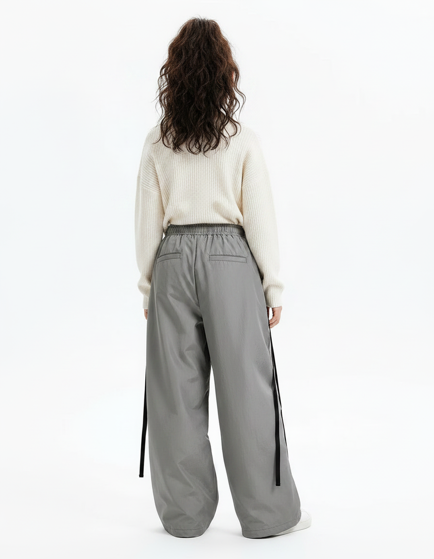 Pantalon Parachute Gris Ample Nylon Détails Noirs - Polyester - vue 2
