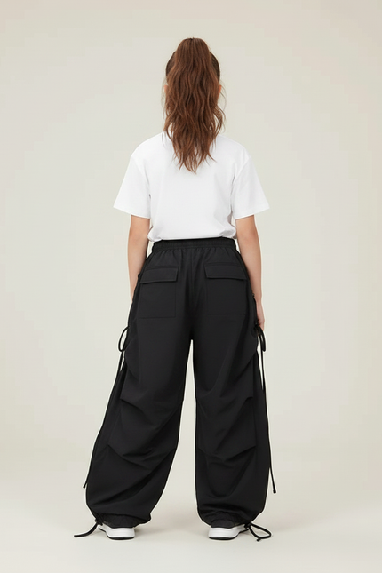 Pantalon Parachute Noir Ample Sport Cordon Fille - Polyester - vue 2