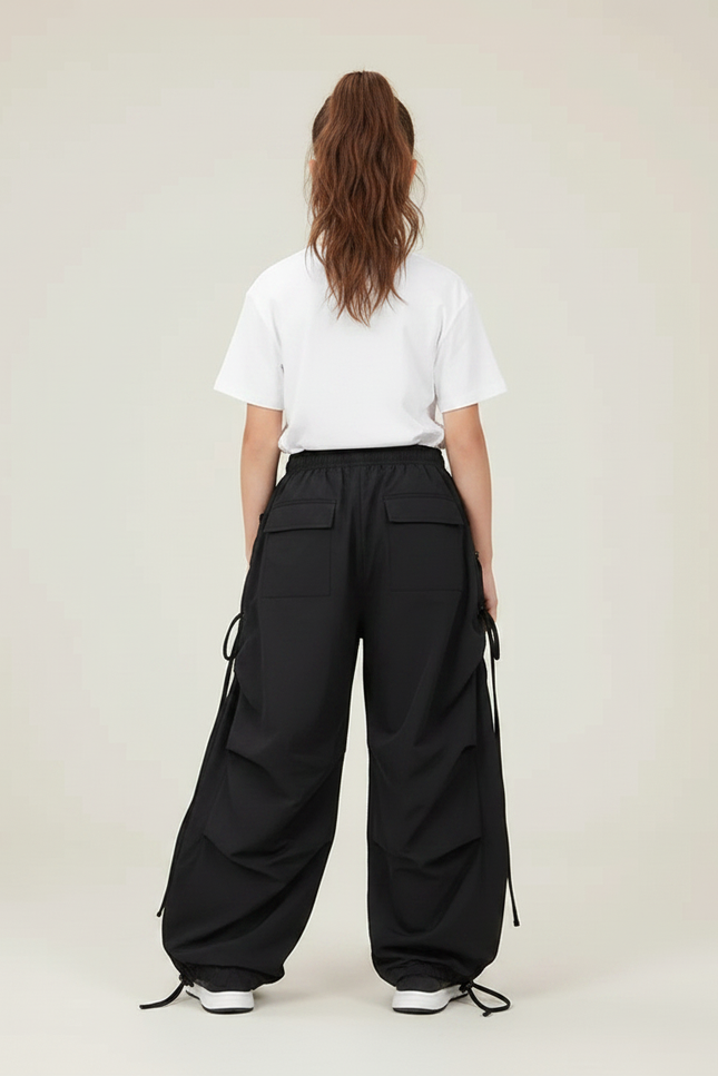 Pantalon Parachute Noir Ample Sport Cordon Fille - Polyester - vue 2
