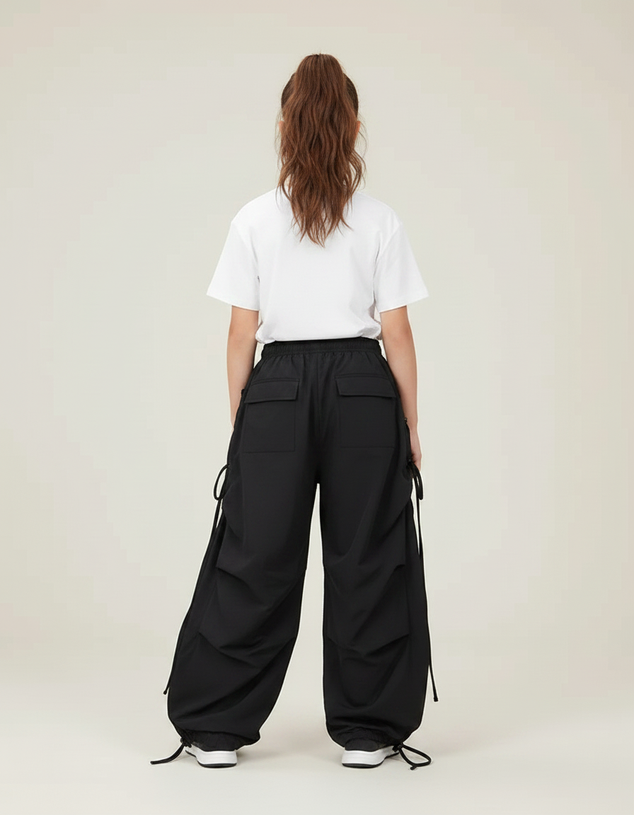 Pantalon Parachute Noir Ample Sport Cordon Fille - Polyester - vue 2