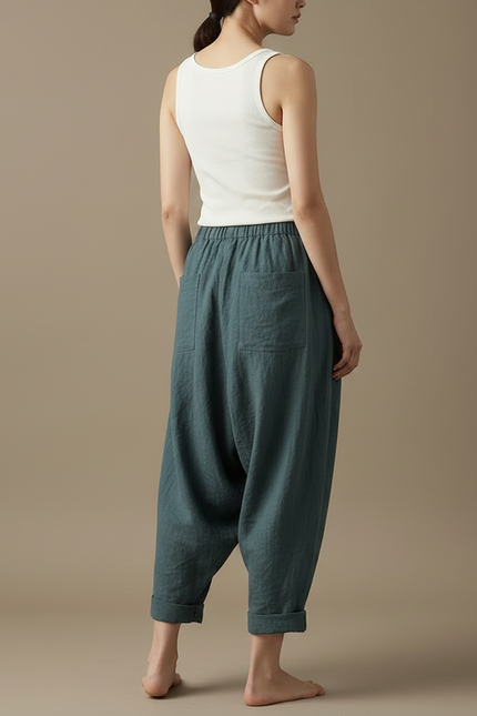 Pantalon Parachute Lin Ample Sarouel Vert Décontracté Femme - vue 2