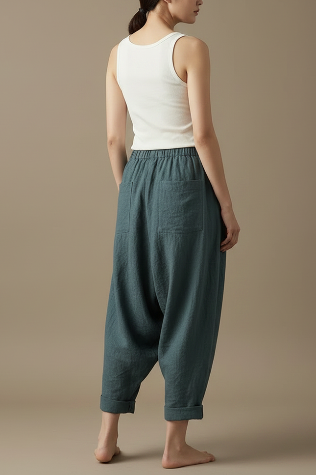 Pantalon Parachute Lin Ample Sarouel Vert Décontracté Femme - vue 2