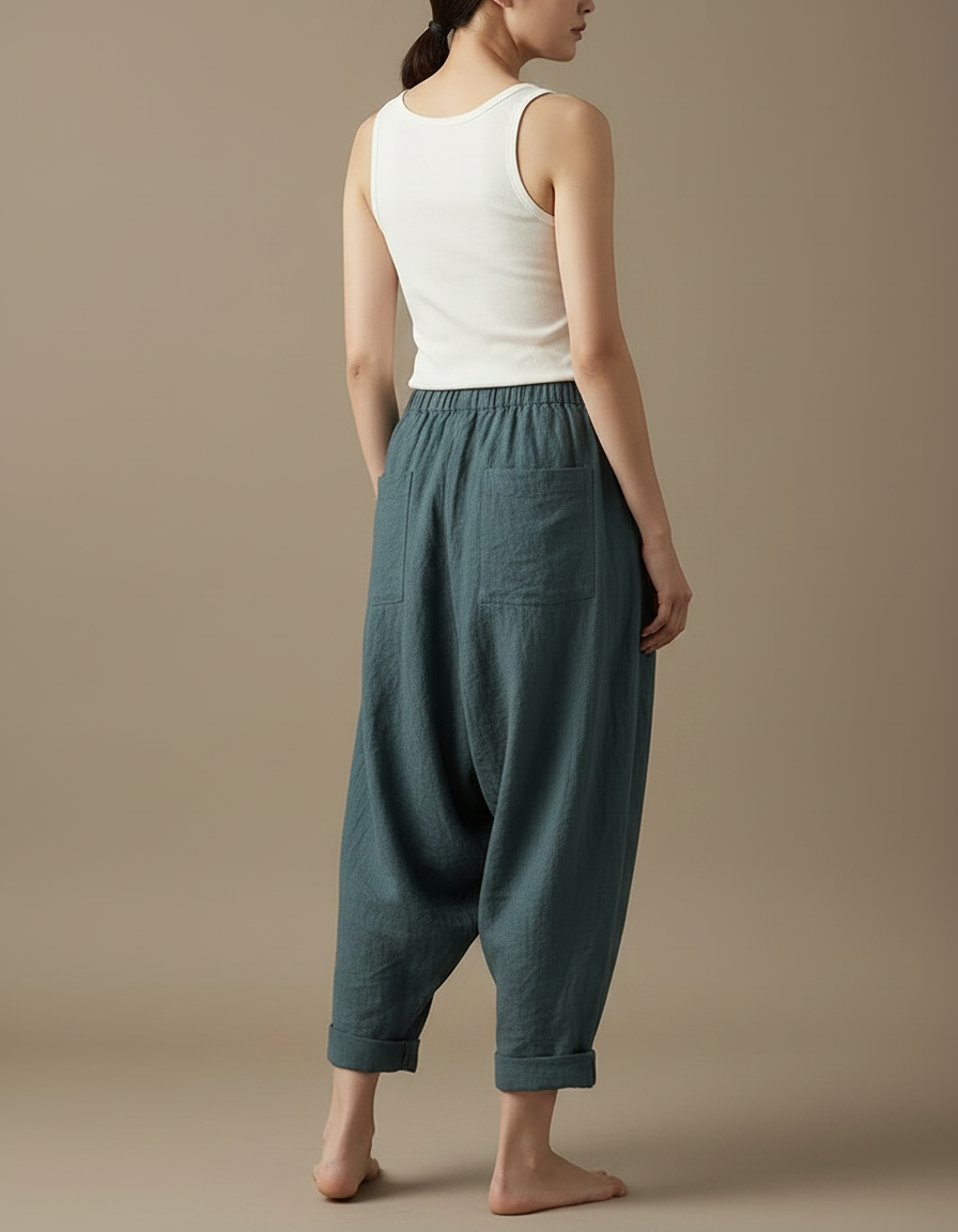 Pantalon Parachute Lin Ample Sarouel Vert Décontracté Femme - vue 2