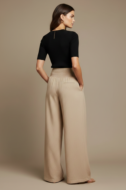 Pantalon Parachute Beige Ample Smocké Plissé Femme - Lin - vue 2