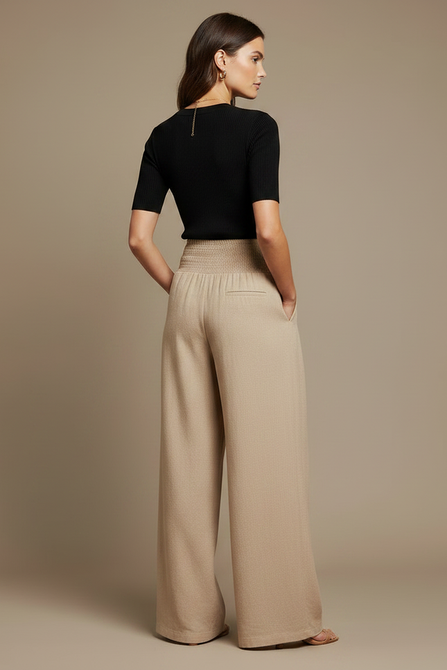 Pantalon Parachute Beige Ample Smocké Plissé Femme - Lin - vue 2
