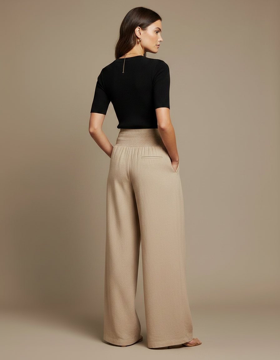 Pantalon Parachute Beige Ample Smocké Plissé Femme - Lin - vue 2