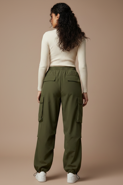 Pantalon Parachute Kaki Cargo Ample Cordon Femme - Polyester - vue 2