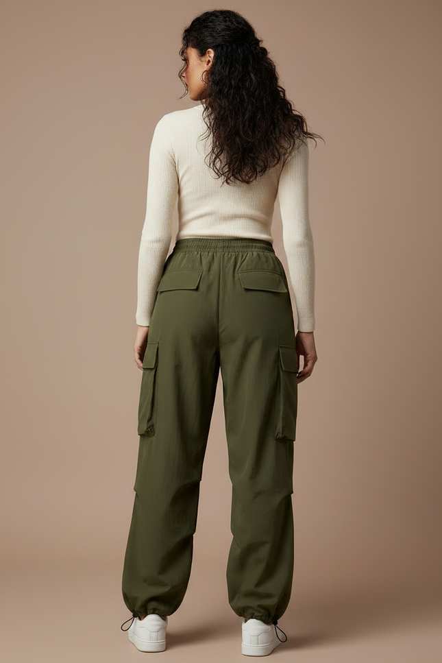 Pantalon Parachute Kaki Cargo Ample Cordon Femme - Polyester - vue 2