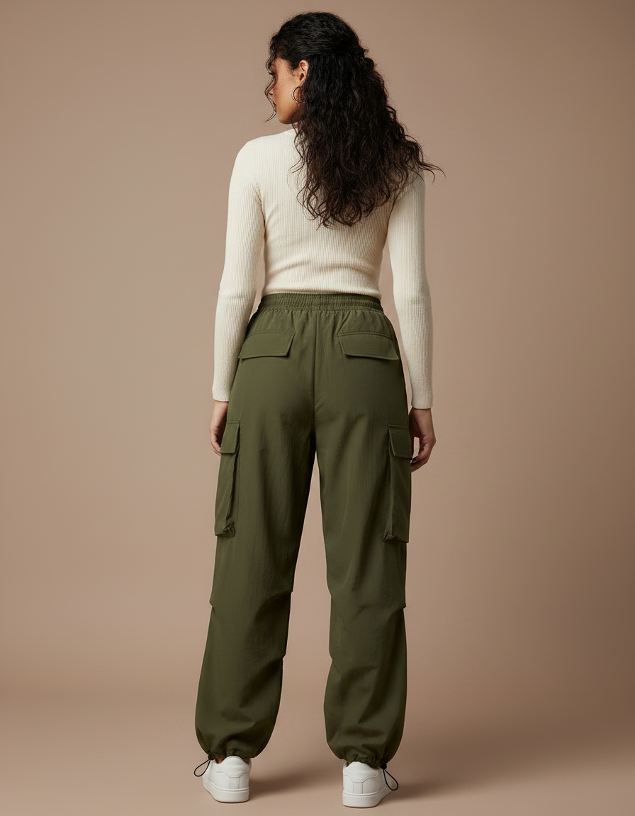 Pantalon Parachute Kaki Cargo Ample Cordon Femme - Polyester - vue 2