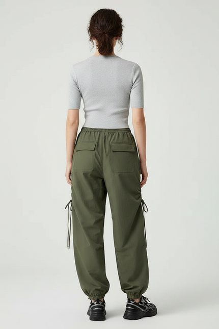 Pantalon Parachute Kaki Ample Cordon Sport Femme - Polyester - vue 2