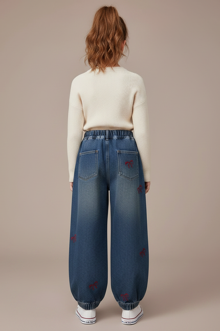 Pantalon Parachute Denim Ample Brodé Nœuds Fille - Bleu Jean - vue 2