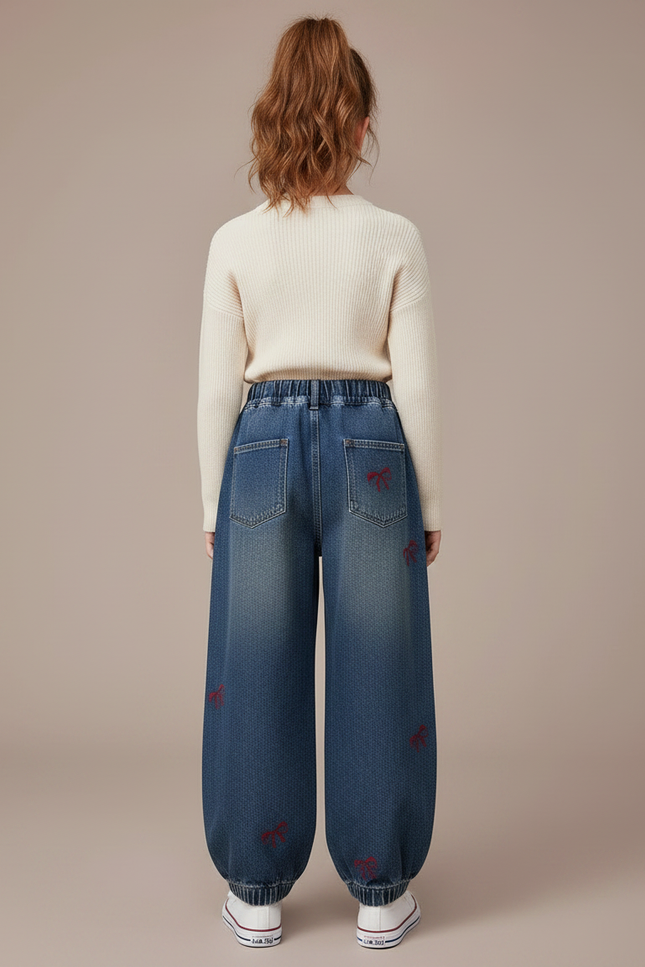 Pantalon Parachute Denim Ample Brodé Nœuds Fille - Bleu Jean - vue 2