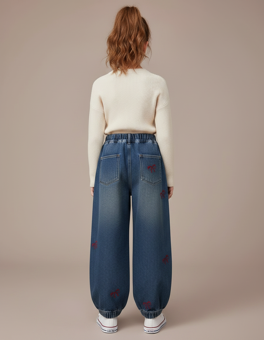 Pantalon Parachute Denim Ample Brodé Nœuds Fille - Bleu Jean - vue 2
