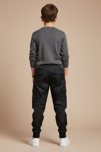 Pantalon Parachute Noir Cargo Imprimé Cordon Enfant - Polyester - vue 2