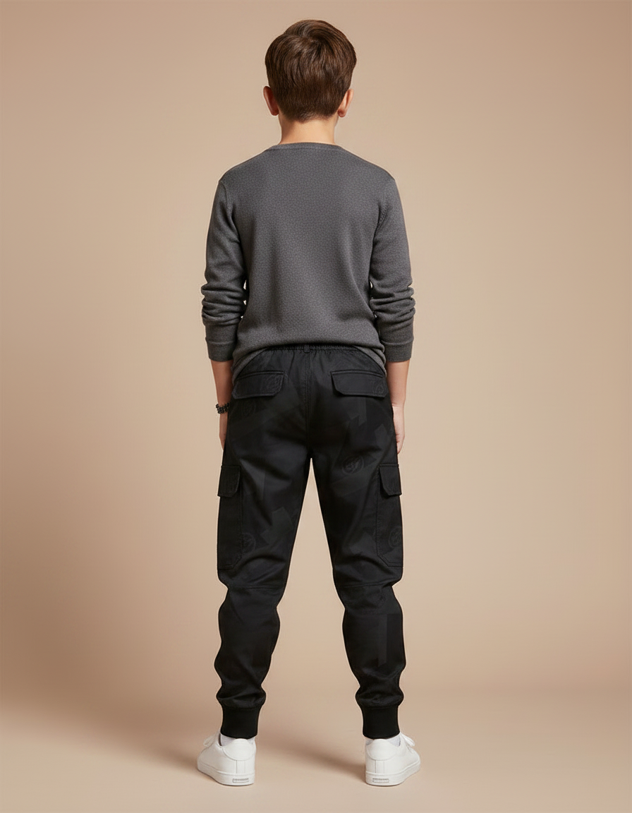 Pantalon Parachute Noir Cargo Imprimé Cordon Enfant - Polyester - vue 2