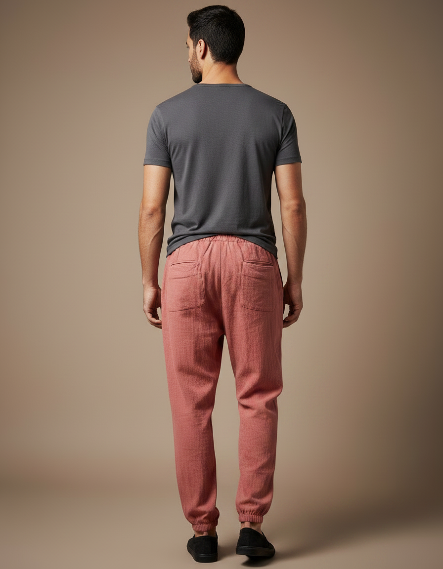 Pantalon Parachute Rouge Brique Lin Ample Décontracté Homme - vue 2