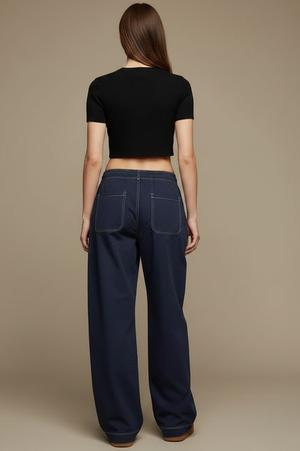 Pantalon Parachute Marine Ample Coutures Visibles Casual - Coton - vue 2