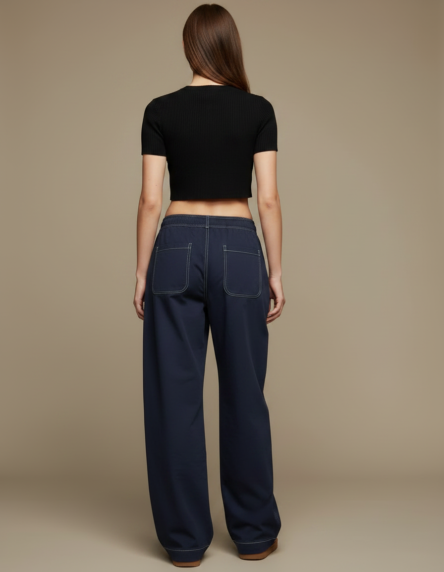 Pantalon Parachute Marine Ample Coutures Visibles Casual - Coton - vue 2
