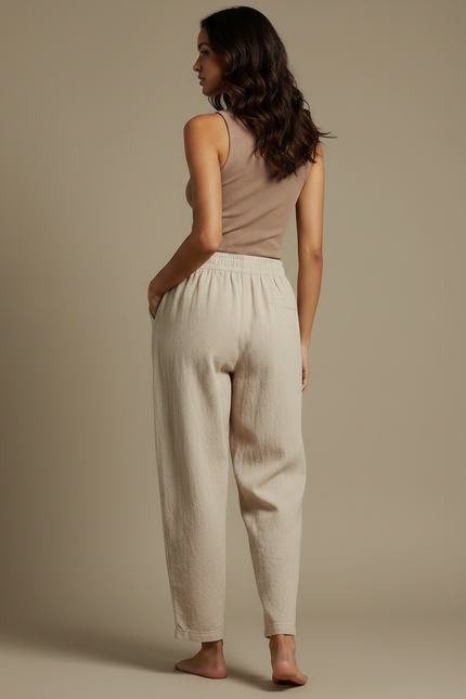 Pantalon Parachute Beige Ample Taille Élastique Lin - vue 2