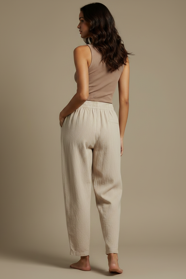 Pantalon Parachute Beige Ample Taille Élastique Lin - vue 2