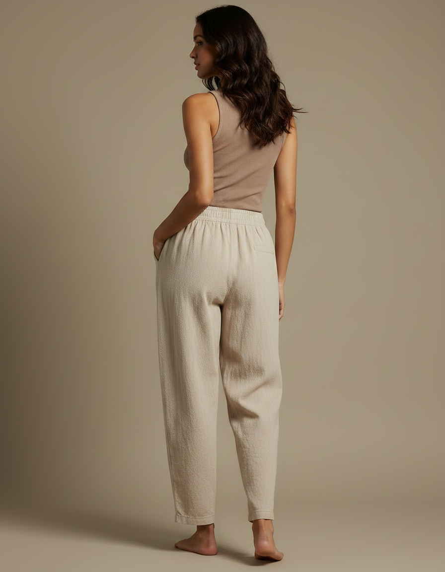 Pantalon Parachute Beige Ample Taille Élastique Lin - vue 2
