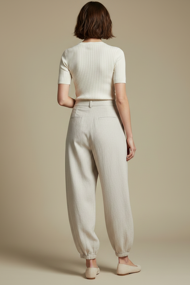 Pantalon Parachute Beige Lin Ample Élégant Femme - vue 2