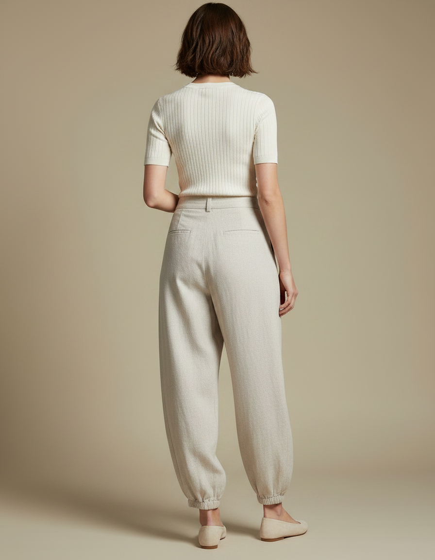 Pantalon Parachute Beige Lin Ample Élégant Femme - vue 2