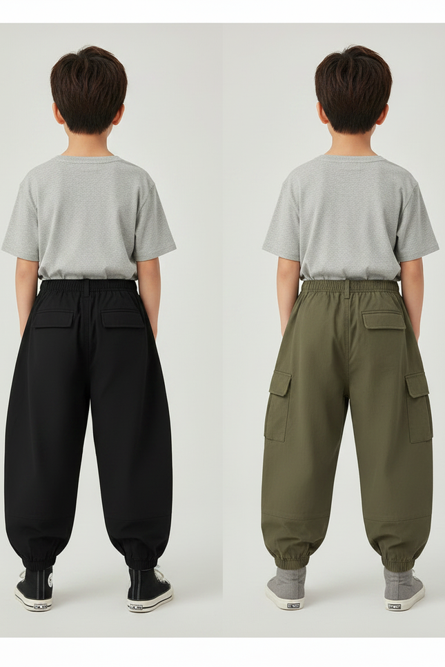 Pantalon Parachute Noir Kaki Ample Cargo Garçon - Toile - vue 2