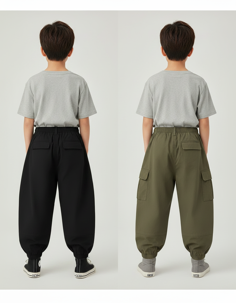 Pantalon Parachute Noir Kaki Ample Cargo Garçon - Toile - vue 2