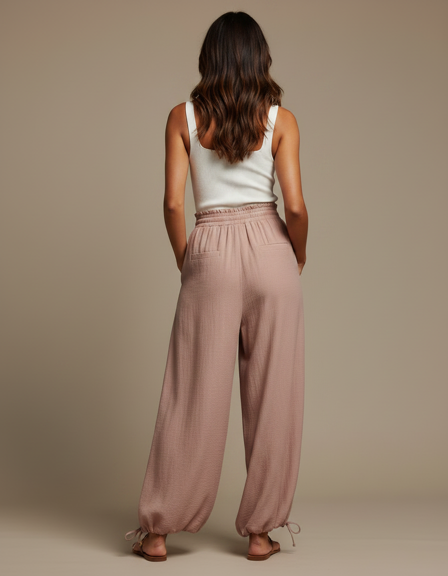 Pantalon Parachute Beige Ample Fluide Taille Haute - Rose Viscose - vue 2