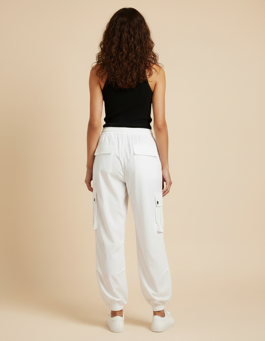 Pantalon Parachute Blanc Cargo Ample Femme Moderne - Polyester - vue 2