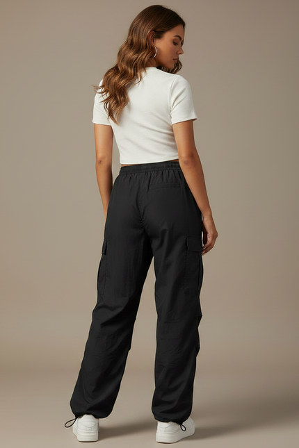 Pantalon Parachute Noir Cargo Ample Cordon Décontracté - Polyester - vue 2