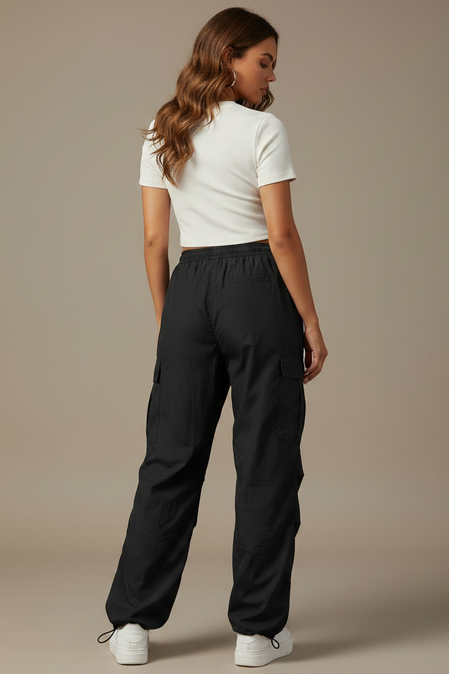 Pantalon Parachute Noir Cargo Ample Cordon Décontracté - Polyester - vue 2