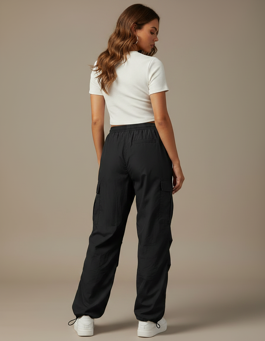 Pantalon Parachute Noir Cargo Ample Cordon Décontracté - Polyester - vue 2