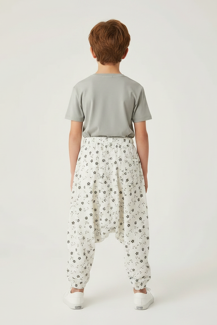 Pantalon Parachute Côtelé Fleuri Ample Enfant Blanc - Cordé - vue 2