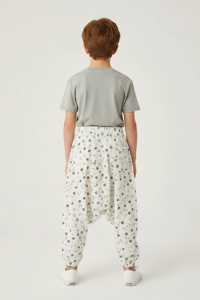 Pantalon Parachute Côtelé Fleuri Ample Enfant Blanc - Cordé - vue 2