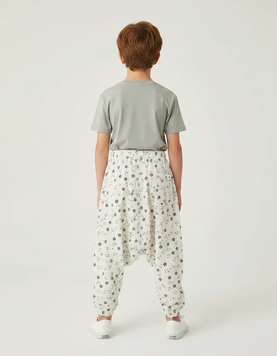 Pantalon Parachute Côtelé Fleuri Ample Enfant Blanc - Cordé - vue 2