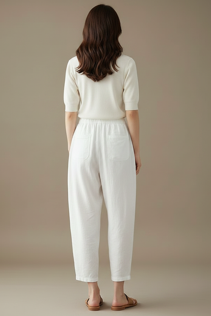 Pantalon Parachute Blanc Lin Ample Taille Haute Décontracté - vue 2