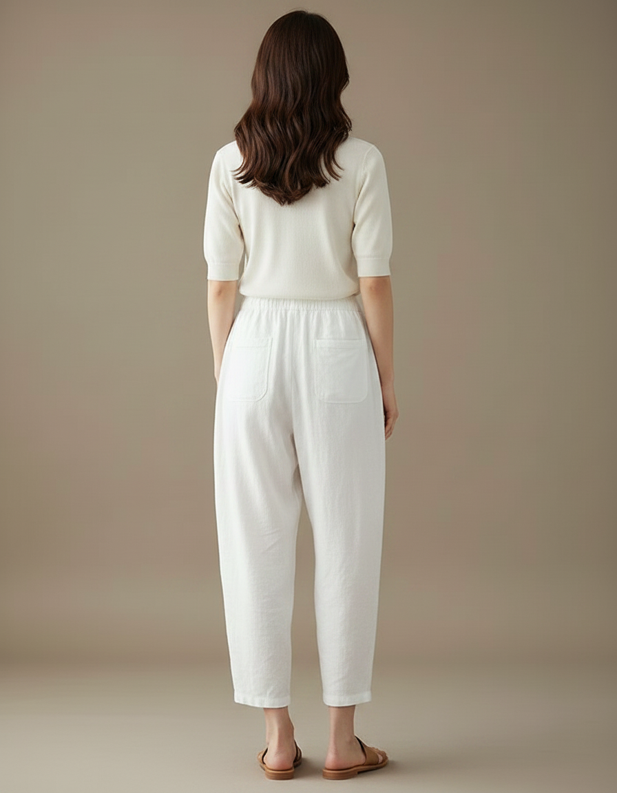 Pantalon Parachute Blanc Lin Ample Taille Haute Décontracté - vue 2