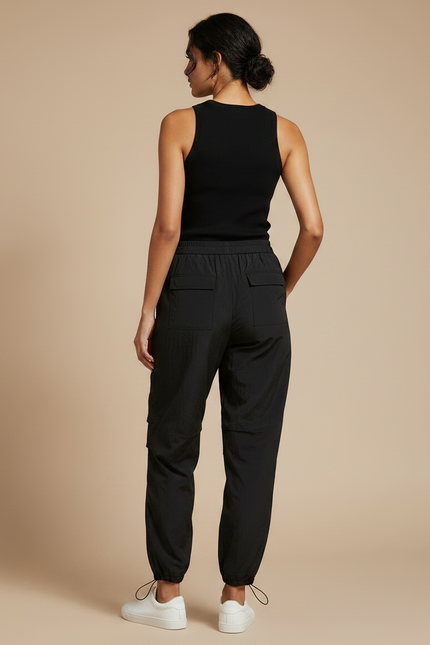 Pantalon Parachute Noir Fluide Froissé Décontracté - Polyester - vue 2