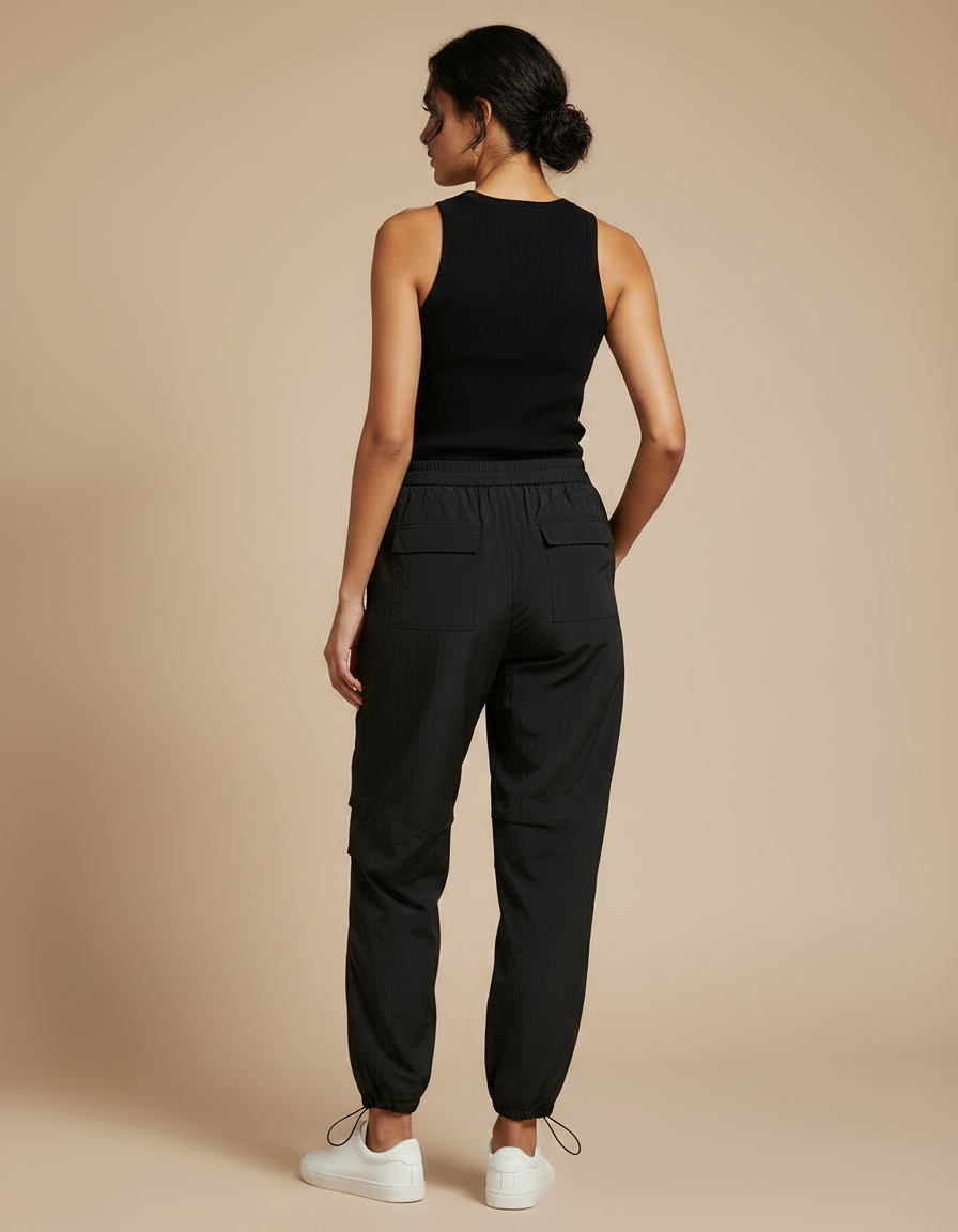 Pantalon Parachute Noir Fluide Froissé Décontracté - Polyester - vue 2