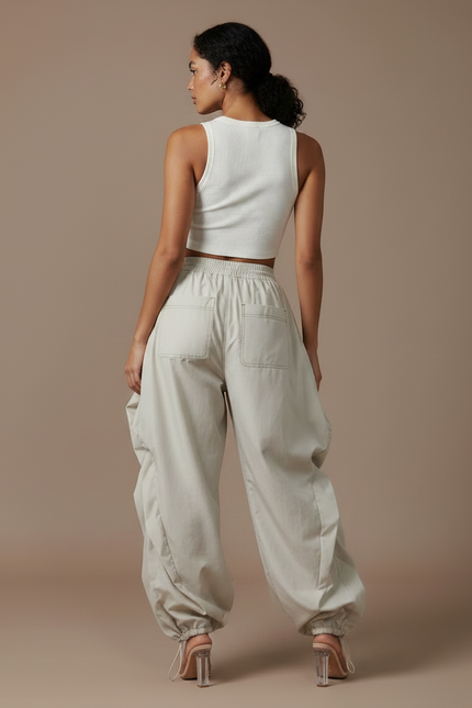 Pantalon Parachute Beige Plissé Ample Femme - Polyester - vue 2